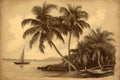 AI generated illustration of a painting of lush palm trees and a sailboat in the distance