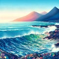 AI generated illustration of a painting of an ocean scene with rocks and mountains