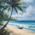 AI generated illustration of a painting of palm trees near the sandy beach with foamy waves