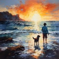 AI generated illustration of a painting of a person and pet dog standing on a beach at sunset