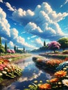 AI generated illustration of a painting of a river with blooming flowers