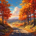 AI Generated Illustration Of A Painting Of A Road With An Autumn Color Palette