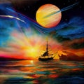 AI generated illustration of a painting of a sailing ship with sunset in background