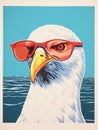 AI generated illustration of a painting of a seagull with sunglasses perched near the ocean