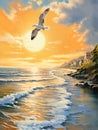 AI generated illustration of a painting of a seagull's flight over a golden coastal paradise