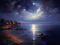 AI-generated illustration of a painting of a stunning lake illuminated by the pale moonlight
