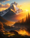 AI generated illustration of a painting of a sun-drenched mountain range with a tranquil river