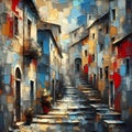 AI generated illustration of A painting of town by the waterfront, in Italy Royalty Free Stock Photo