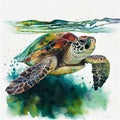 a painting of a turtle with its head above the water