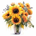 AI generated illustration of a painting of a vase withyellow sunflowers against a white background