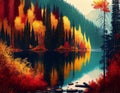 AI generated illustration of a painting of vibrant orange and green trees in a forest