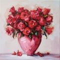 AI generated illustration of a painting of vibrant red roses in a vase