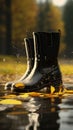 AI generated illustration of a pair of black rain boots in a puddle in autumn Royalty Free Stock Photo