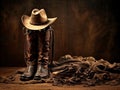 AI generated illustration of of a pair of brown cowboy boots and a matching hat on a wooden surface