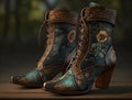 AI generated illustration of a pair of brown leather boots decorated with a vibrant floral pattern Royalty Free Stock Photo