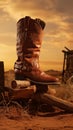 a man's brown boots standing on logs in the desert