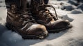 AI generated illustration of a pair of brown shoes standing in snowy landscape at mountain base