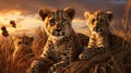 a couple of cheetah sit in some tall grasses Royalty Free Stock Photo