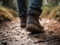 AI generated illustration of a pair of feet walking along a dirt trail in a wilderness setting