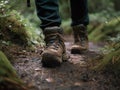 AI generated illustration of a pair of feet walking along a dirt trail in a wilderness setting