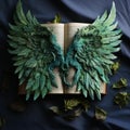 AI generated illustration of a pair of green angel wings placed on an open book