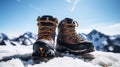AI generated illustration of a pair of hiking boots standing in the snow with the sun shining