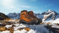 AI generated illustration of a pair of orange and black boots placed on a snowy rock formation