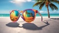 AI generated illustration of a pair of pink sunglasses on a sandy beach with palm trees