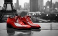 AI generated illustration of a pair of red shoes against the Eiffel Tower in Paris, France