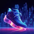 AI generated illustration of a pair of sneakers atop sprawling cityscape illuminated by night lights
