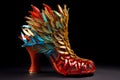 some very fancy red shoes with feathers and spikes on them