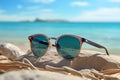 a pair of sunglasses sits on top of sand with water