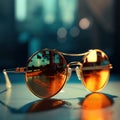 AI generated illustration of a pair of sunglasses resting on a smooth wooden tabletop