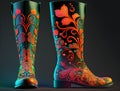 AI generated illustration of a pair of western-style cowboy boots with floral patterns Royalty Free Stock Photo