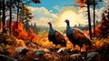 AI generated illustration of a pair of wild turkeys in a field