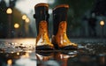 AI generated illustration of a pair of yellow rain boots in a puddle in autumn