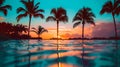 AI generated illustration of palm trees silhouetted against tropical sunset by the pool Royalty Free Stock Photo