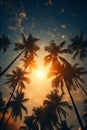 AI generated illustration of palm trees under a blue sky at golden sunset Royalty Free Stock Photo