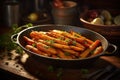 carrots in a pan with a side of fruit and vegetables