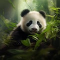 AI generated illustration of a Panda Bear sitting on a lush green jungle background Royalty Free Stock Photo