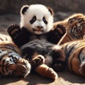 baby panda playing with tiger cub, AI generated illustration