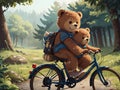 AI generated illustration of a papa bear and a child bear on a cycle