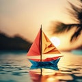 AI generated illustration of a paper boat sailing across the tranquil ocean at sunset