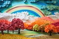 AI generated illustration of a paper tree standing proudly in front of a spectacular rainbow