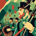 AI generated illustration of a parade with people dressed in green, musicians playing the bagpipes