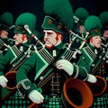 AI generated illustration of a parade with people dressed in green, musicians playing the bagpipes