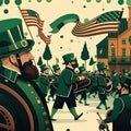 AI generated illustration of a parade with people dressed in green, musicians playing the bagpipes