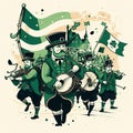 AI generated illustration of a parade with people dressed in green, musicians playing the bagpipes