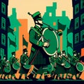 AI generated illustration of a parade with people dressed in green, musicians playing the bagpipes