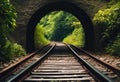 AI generated illustration of parallel train tracks inside a tunnel surrounded by lush vegetation Royalty Free Stock Photo